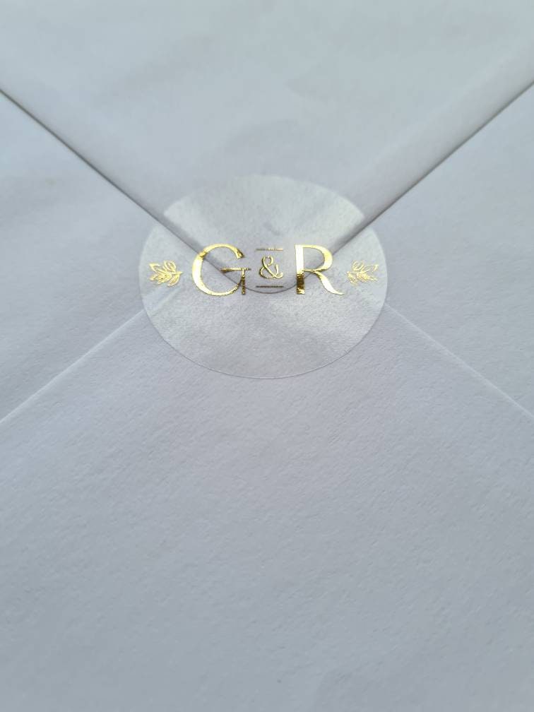 Transparent metallic initial stickers, foil stickers, see through, translucent, clear stickers, favours, wedding invites, stationery