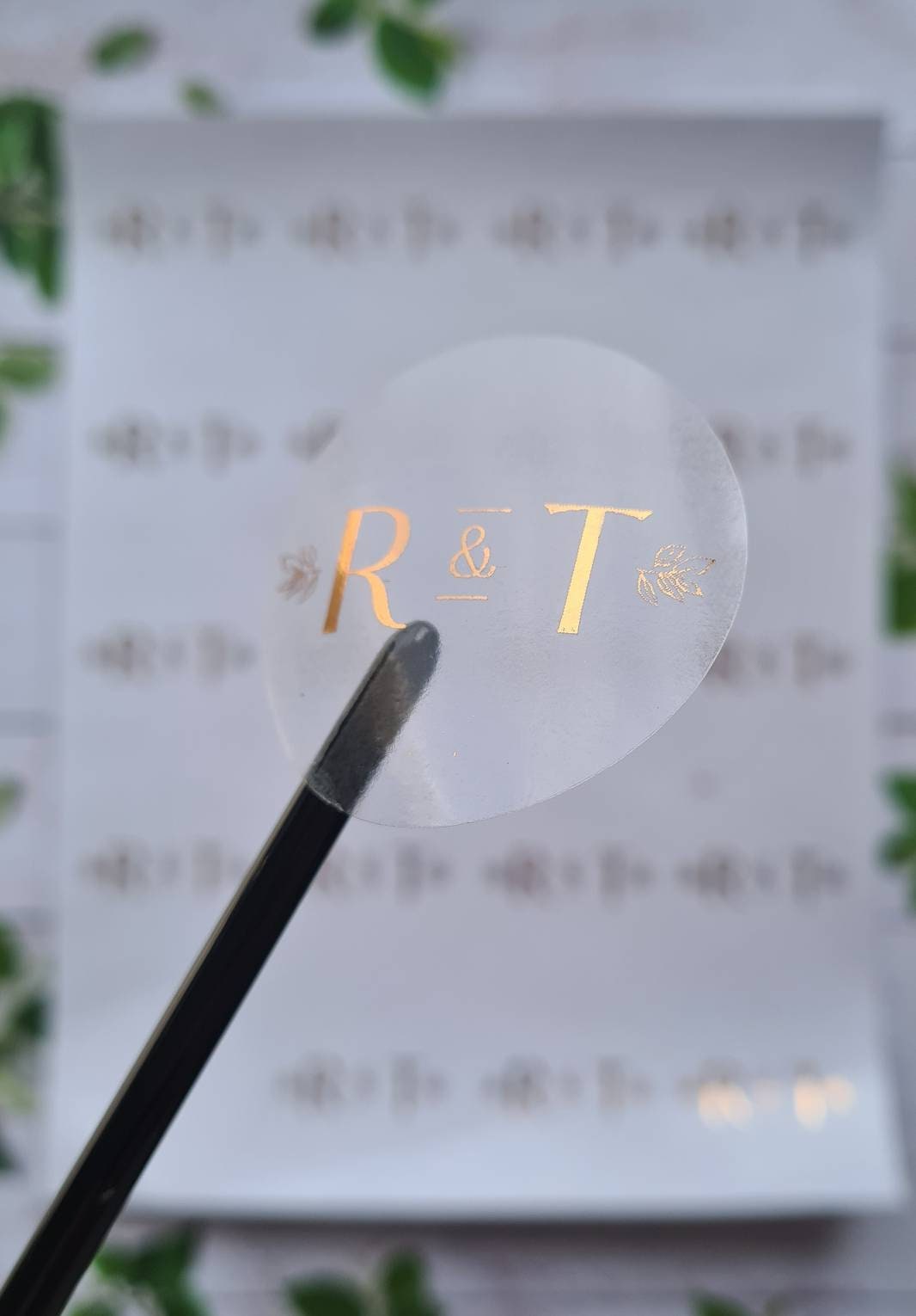 Transparent metallic initial stickers, foil stickers, see through, translucent, clear stickers, favours, wedding invites, stationery