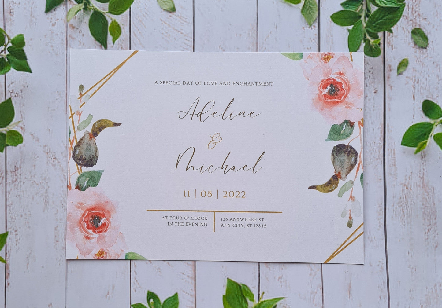 Personalised foiled wedding invites, A5, floral design