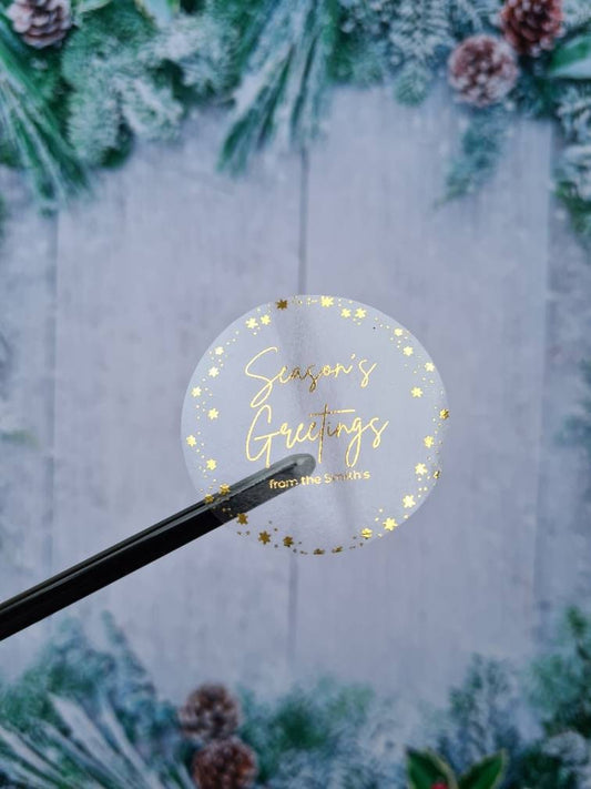 Personalised Christmas stickers, Transparent metallic personalised stickers, foil stickers, see through, translucent stickers, clear sticker