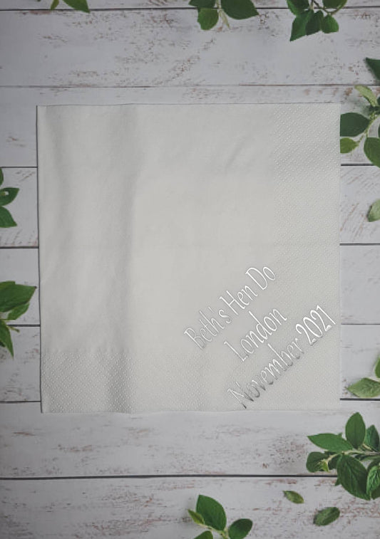 White Personalised napkins, party supplies, custom napkins, wedding napkins, serviettes, birthday, christening, anniversary, bar mitzvah