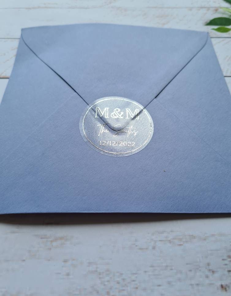 Transparent metallic wedding stickers, foil stickers, see through, translucent stickers, clear stickers, wedding favours, wedding invites
