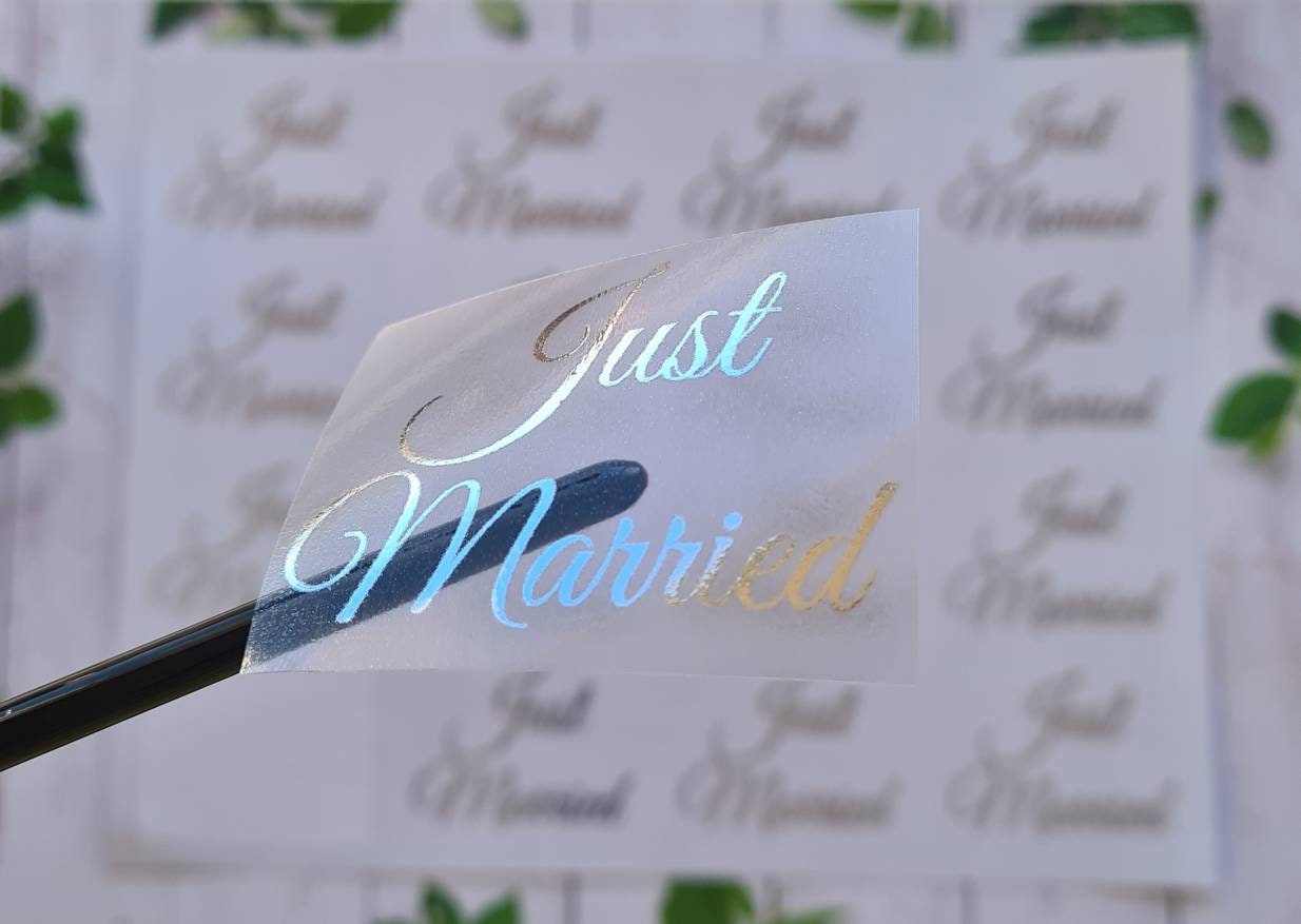 Transparent metallic just married stickers, foil stickers, see through, translucent stickers, clear stickers, wedding favours,