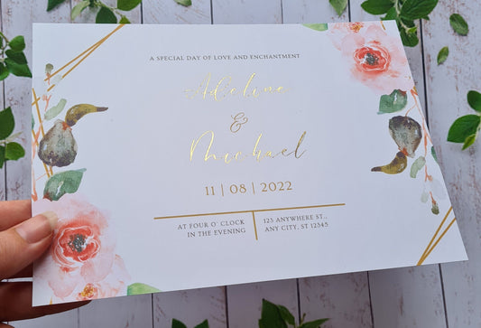 Personalised foiled wedding invites, A5, floral design