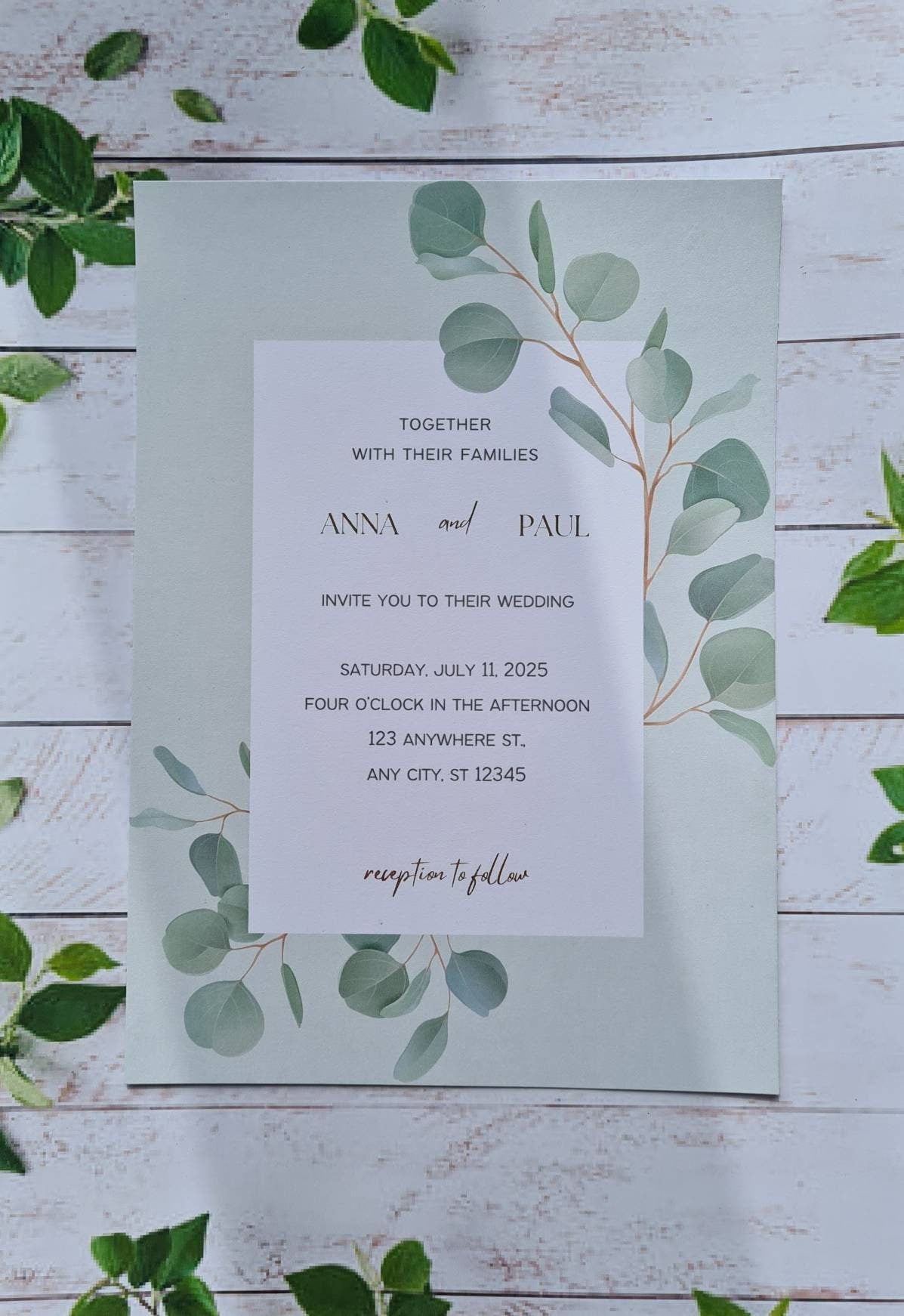 Personalised foiled wedding invites, A5, eucalyptus design