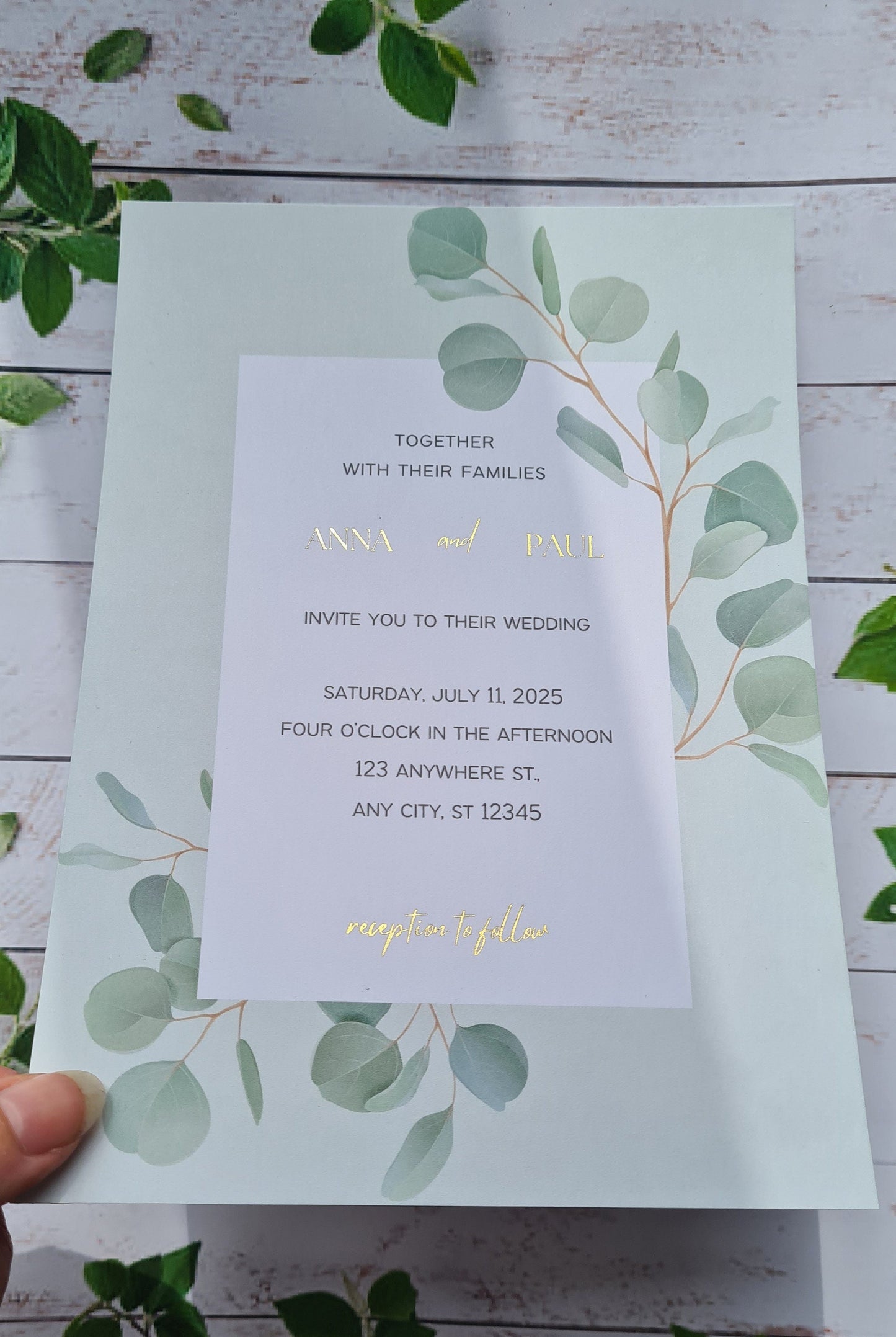 Personalised foiled wedding invites, A5, eucalyptus design