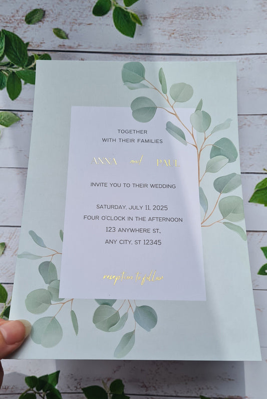 Personalised foiled wedding invites, A5, eucalyptus design